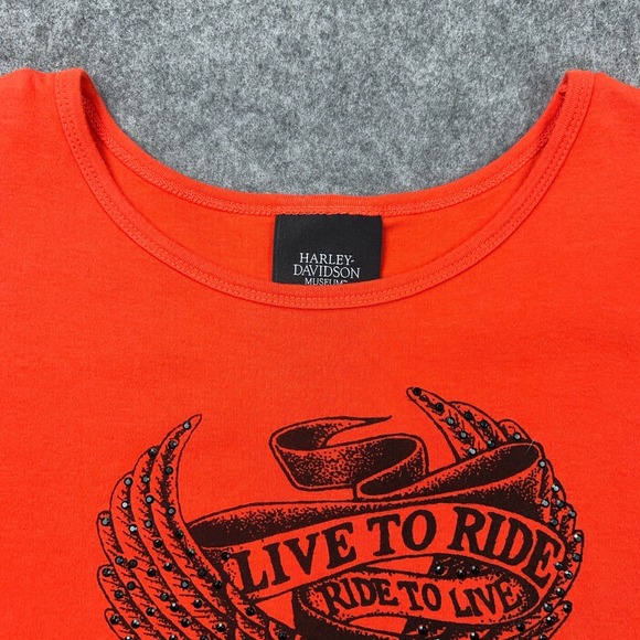 Harley Davidson Shirt Women Medium Orange Short Sleeve Motorcycle Museum Tee Y2K - Picture 5 of 12